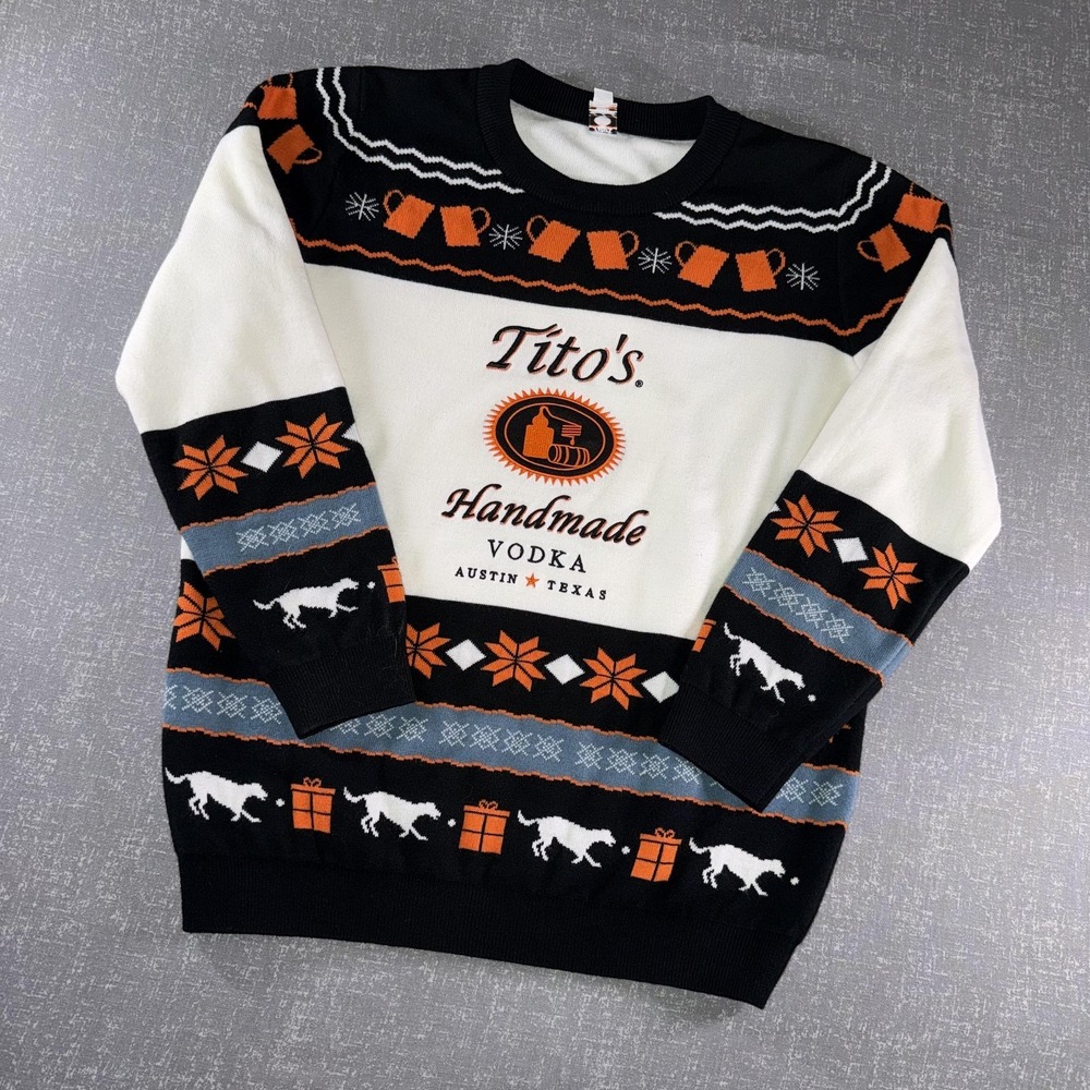 Tito's Handmade Vodka Sweater Mens Large White Black Dog‎ Ugly Christmas Knit